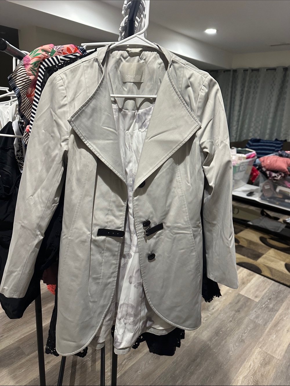 Soia & Kyo Light Gray Trench Coat with Asymmetric Button Detail